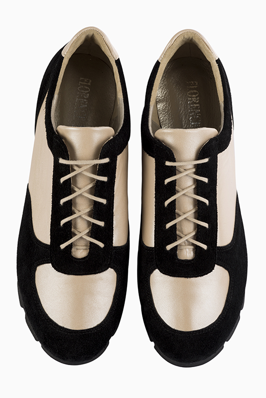 Matt black and gold women's two-tone elegant sneakers. Round toe. Flat rubber soles. Top view - Florence KOOIJMAN